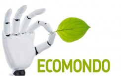 Il logo di Ecomondo. Mano robotica che tiene tra pollice e indice una tenera foglia verde. Scritta Ecomondo.