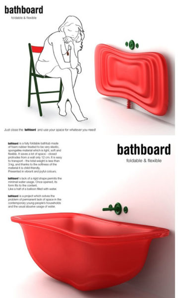 diverse immagini della vasca in gomma rossa che illustrano i diversi passggi, aperta e chiusa.