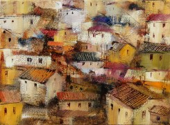 Un dipinto di Luciano Pasquini, che riproduce le case di un paese