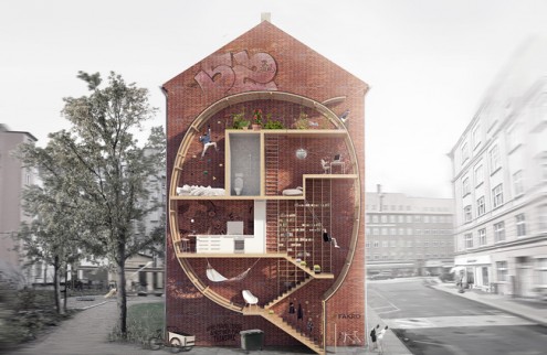 Ricostruzione virtuale di “Live between buildings!”, progetto di un appartamento a  forma di fumetto/ nuvola