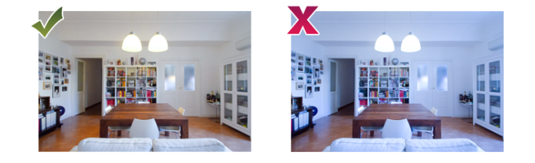 consigli per fotografare casa: fotografie di un salone con bilanciamento del bianco regolato e non regolato