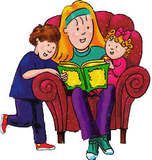 Il disegno di una baby sitter seduta in poltrona che, attorniata da due bambini, legge loro una storia