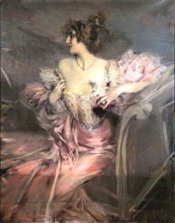 Madame Marthe de Florian, ritratta da Giovanni Boldini del 1898. La dama indossa un raffinato e attillato abito rosa dalla generosa scollatura e dalle maniche di pizzo pregiato