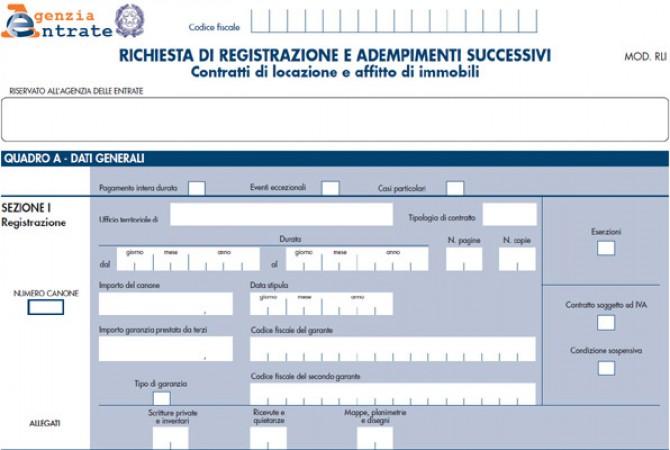 Modello RLI per  la registrazione dei contratti di affitto 