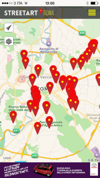 Mappa virtuale di Roma cosi come si vede nell’applicazione con i pin rossi di segnalazione dei murales