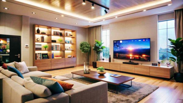 Ampio soggiorno contemporaneo con parquet, divani, grande TV e striece led per illuminare casa